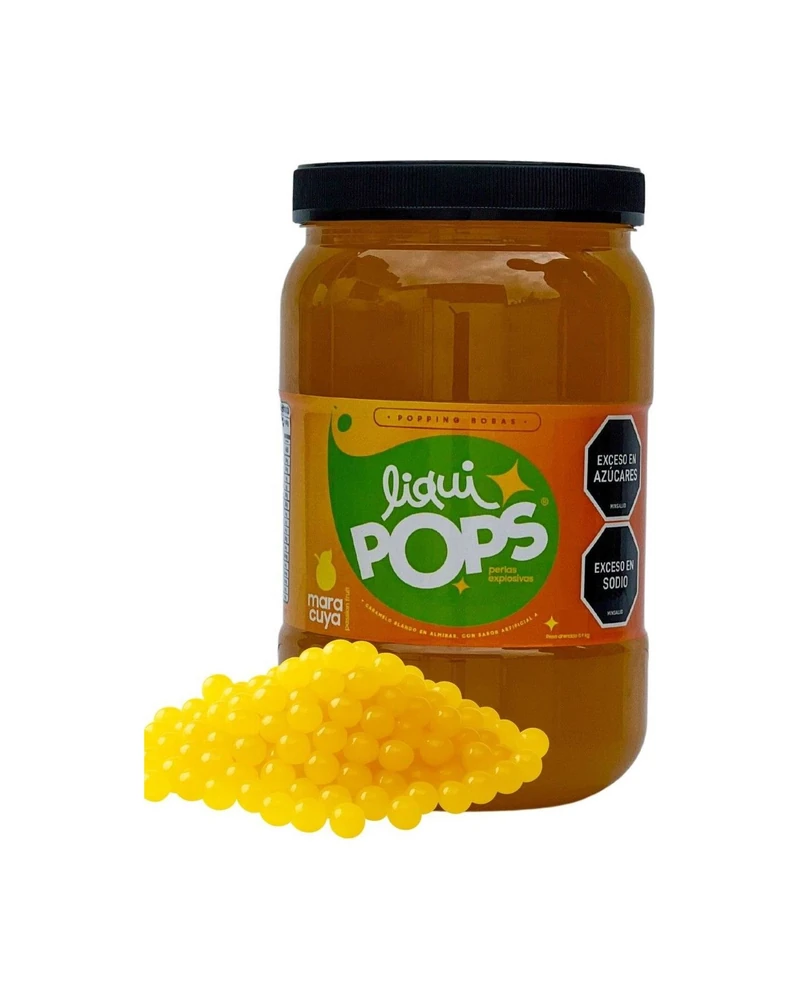 Tarro LiquiPops maracuya 1150g — perlas explosivas en almíbar, fondo blanco